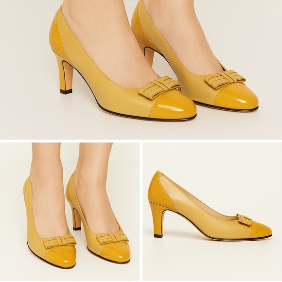 Yellow Two-Tone Leather Bow Pumps  7AA  🇮🇹 - Picture 1 of 11
